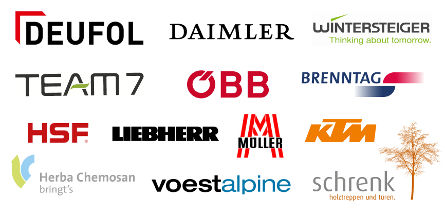 Logá vybraných klientov ACON: DEUFOL, Daimler, Wintersteiger, TEAM 7, ÖBB, Brenntag, HSF, Müller, KTM, Herba Chemosan, voestalpine, Schrenk